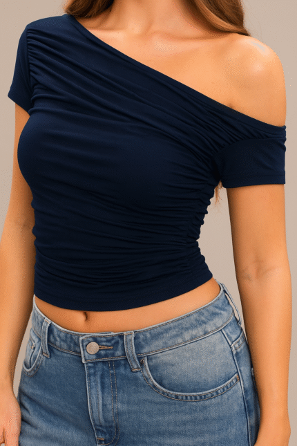 Women asymmetric neckline short sleeve top Navy Blue